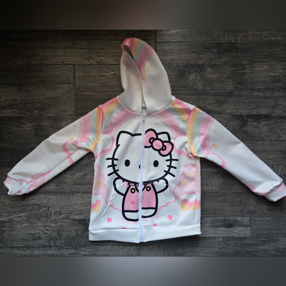 Hello Kitty Kids Zip Up Hoodie - White and Pink with Rainbow Accents